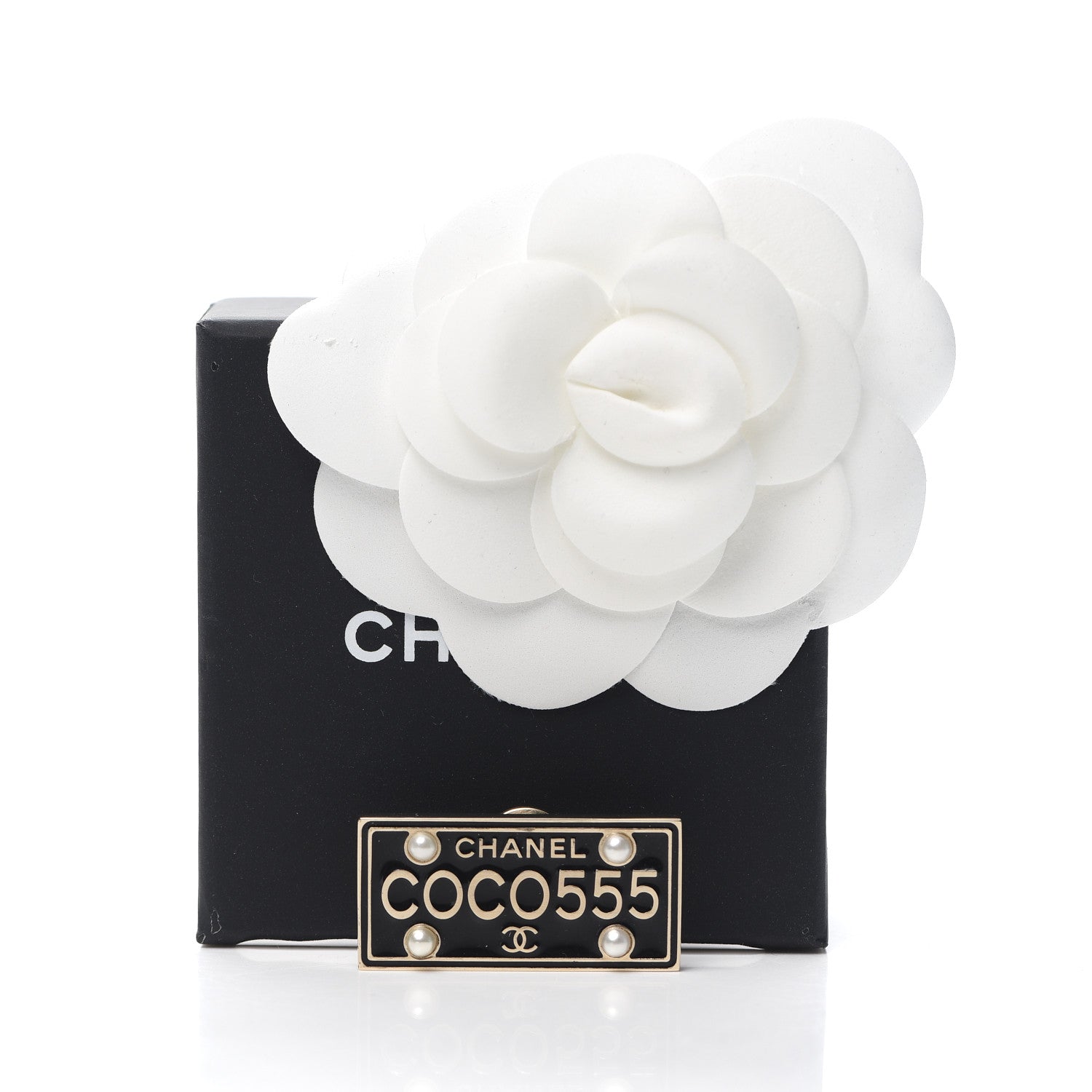Chanel Metal Resin Pearl Coco License Plate Brooch Black Gold 3 of 3