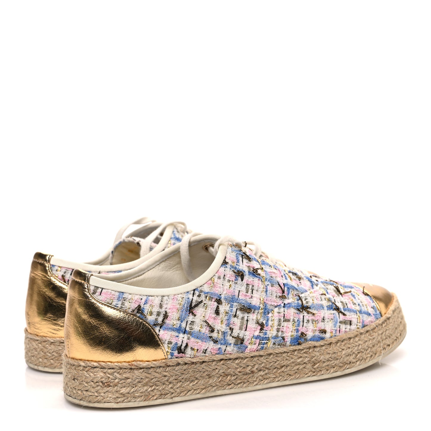 Tweed Laminated Lambskin Lace Up Espadrilles 39 Pink Blue Gold White