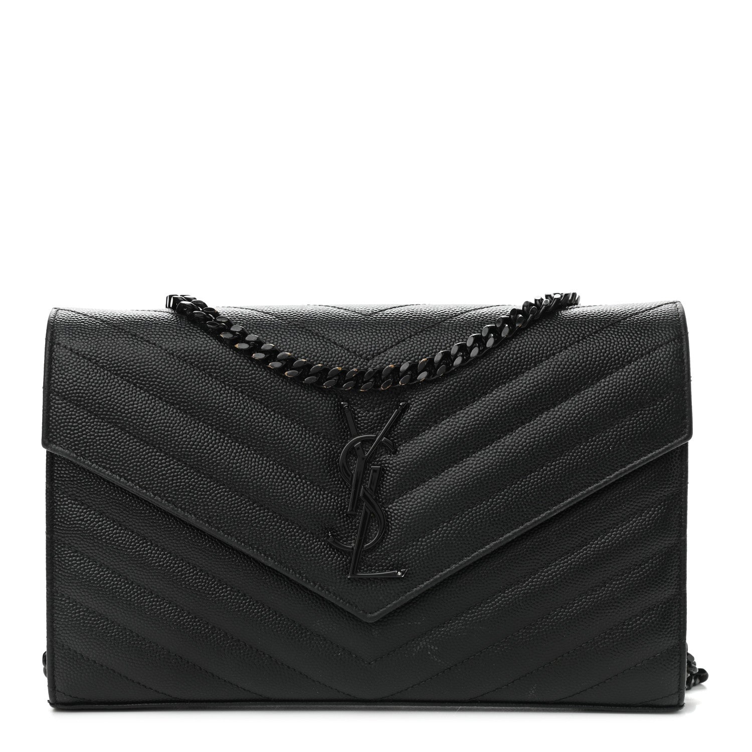 Saint Laurent Grain De Poudre Matelasse Chevron Monogram Chain Wallet Black 1 of 11