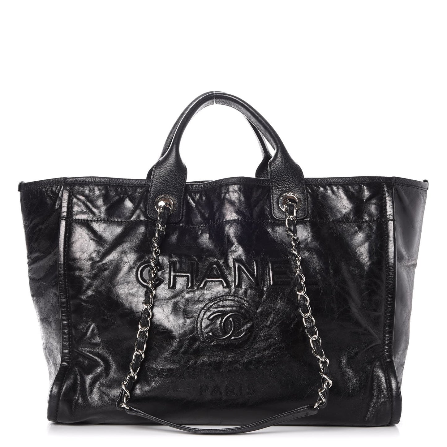 Glazed Calfskin Large Deauville Tote Black