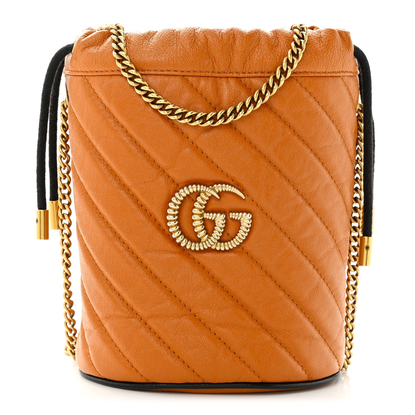 Vintage Effect Calfskin Matelasse Diagonal Mini Torchon GG Marmont 2.0 Bucket Bag Cognac