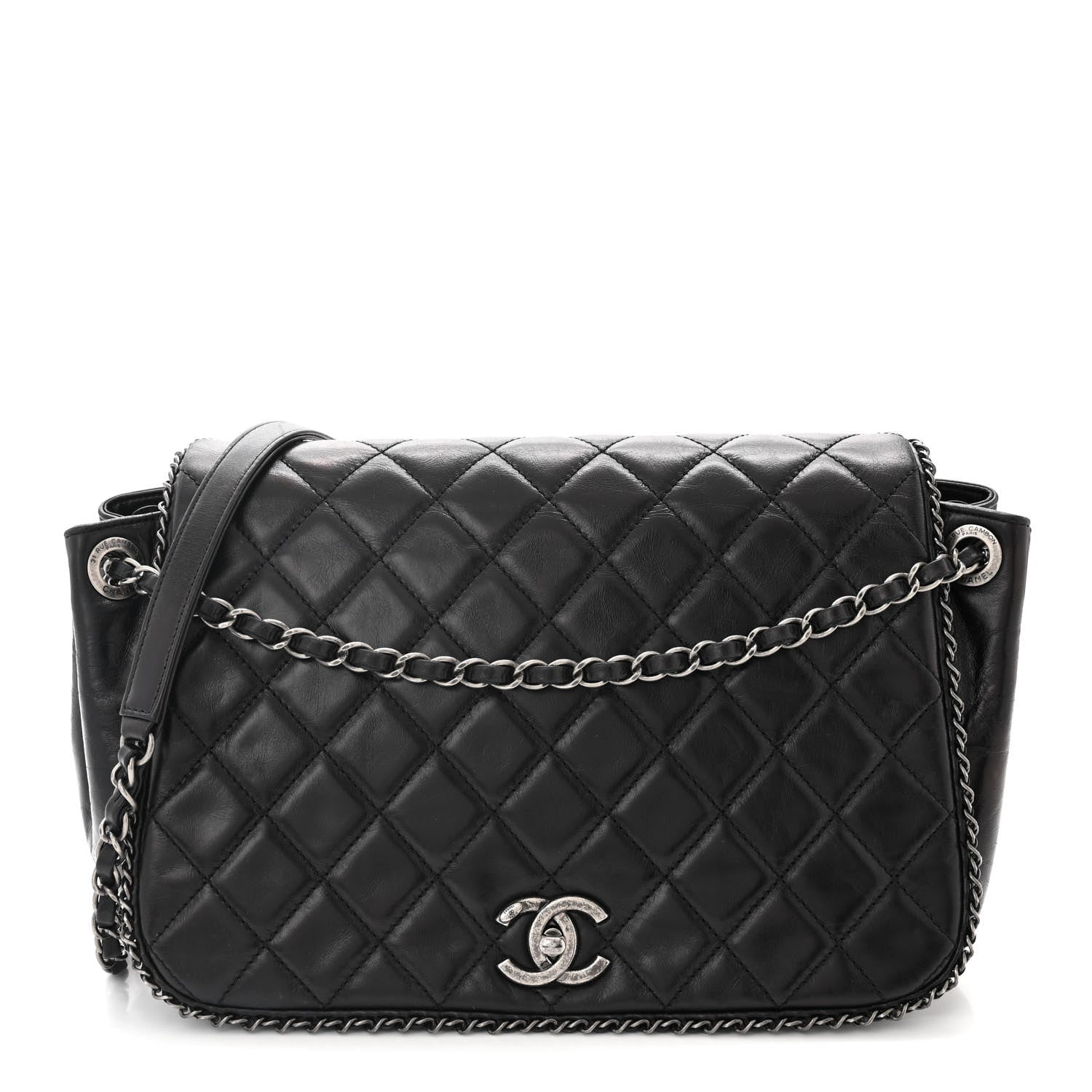 Chanel Glazed Calfskin Quilted Large CC Enchained Accordion Flap Black 1 of 11