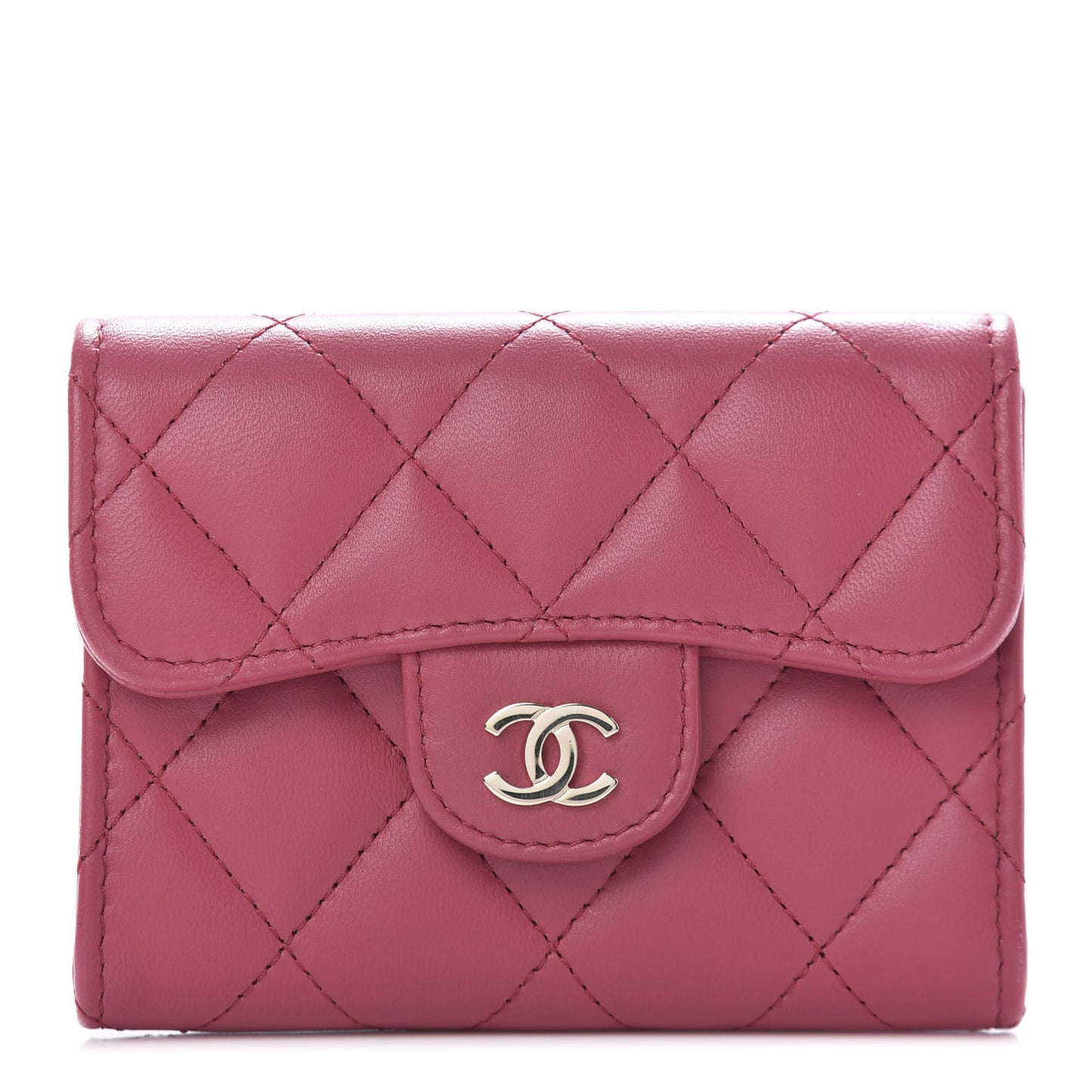 Lambskin Quilted Flap Card Holder Wallet Dark Pink