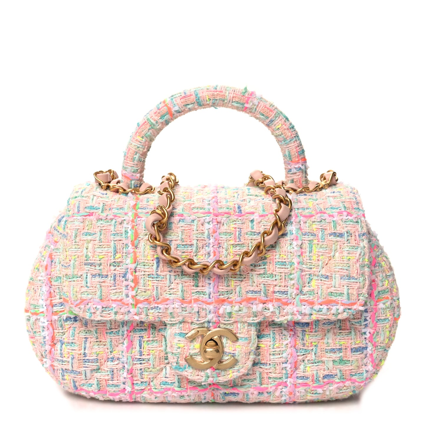 Tweed Quilted Baywatch Top Handle Flap Light Pink Green Orange Purple