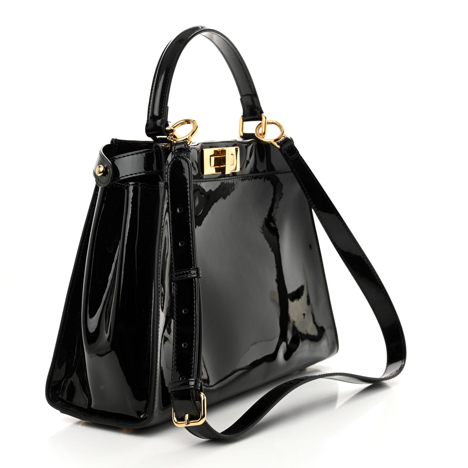 Fendi Patent Glazed Fabric FF 1974 Medium Peekaboo Iconic Defender Satchel Mogano Panna Black 4 of 12
