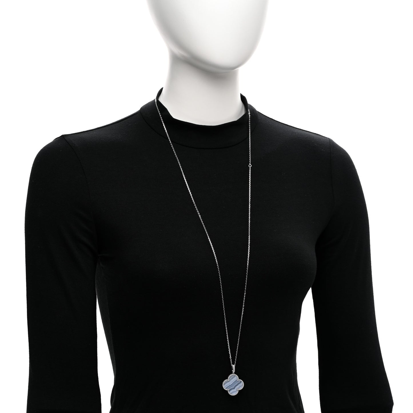 18K White Gold Chalcedony Magic Alhambra Pendant Long Necklace
