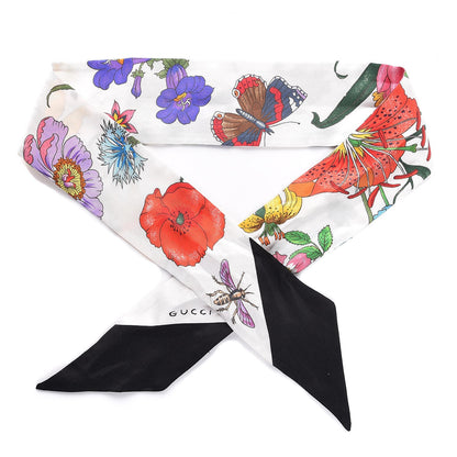 Gucci Silk Twill Floriso Neck Bow Scarf White Black 1 of 4