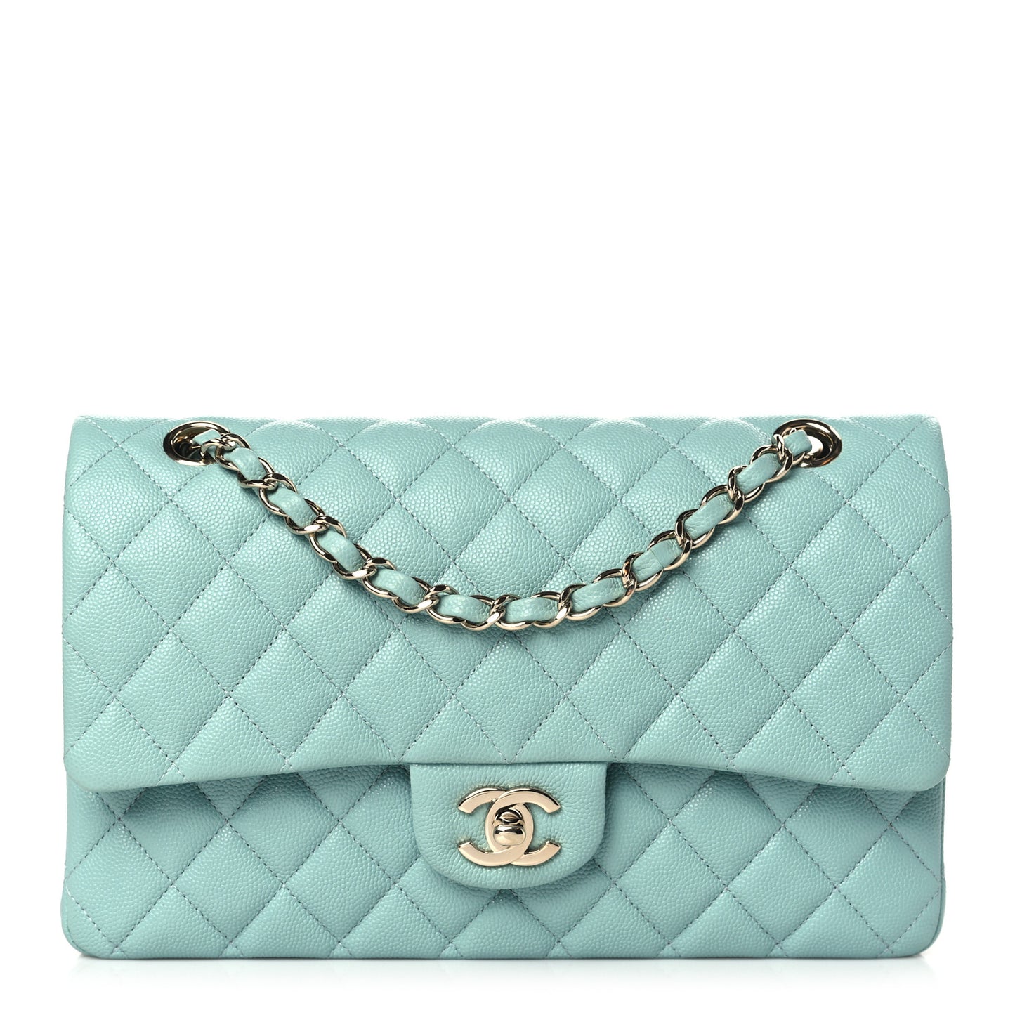 Caviar Quilted Medium Double Flap Light Blue