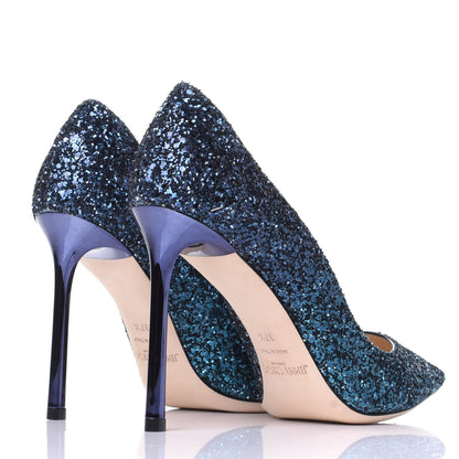 Jimmy Choo Glitter Pointy Toe Romy 100 Pumps 37.5 Peacock Navy 4 of 10