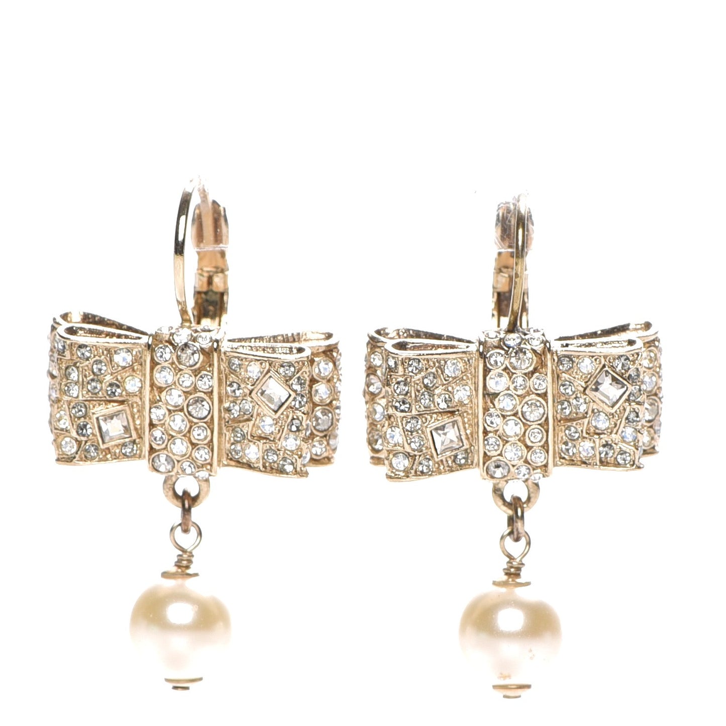 Crystal Bow Pearl Earrings Gold