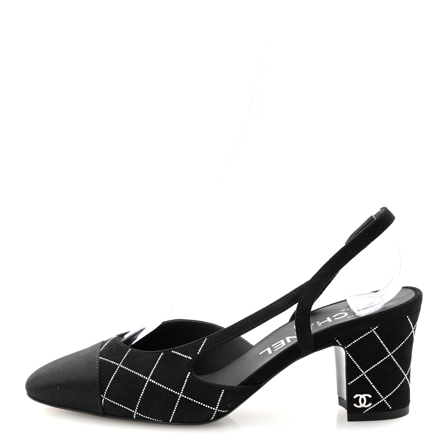 Suede Grosgrain Studded Cap Toe CC Slingback Pumps 36 Black Silver