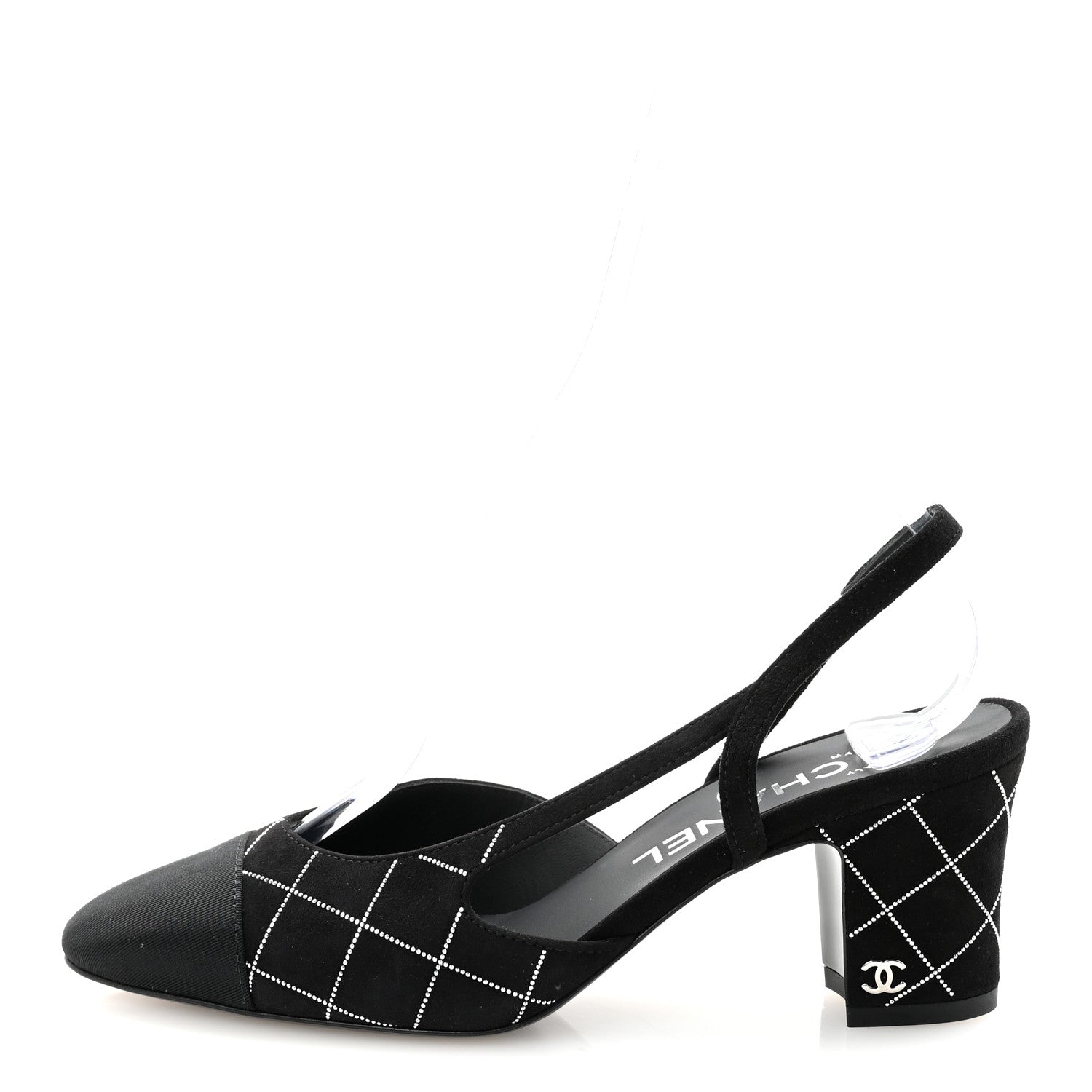 Chanel Suede Grosgrain Studded Cap Toe CC Slingback Pumps 36 Black Silver 1 of 10