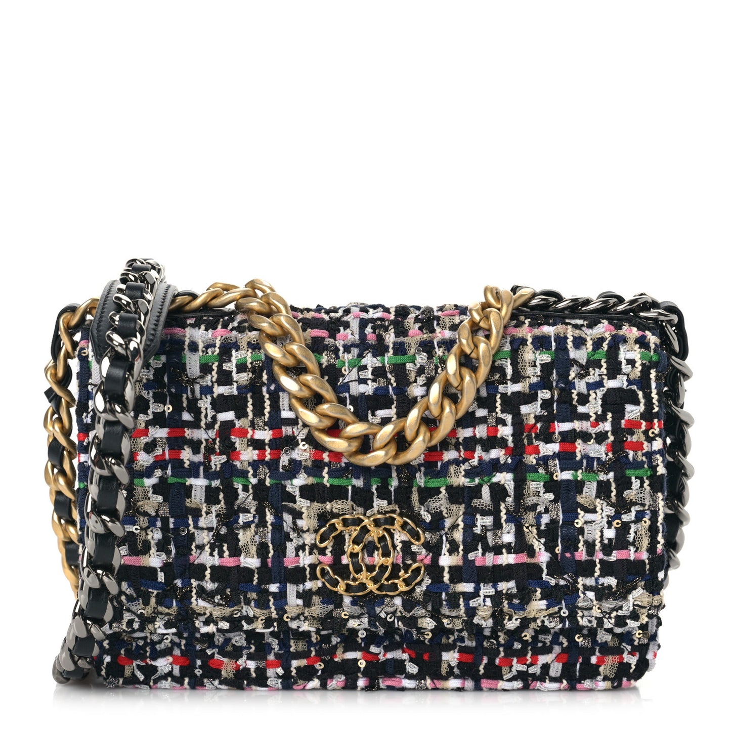 Tweed Quilted Chanel 19 Wallet On Chain WOC Black White Multicolor