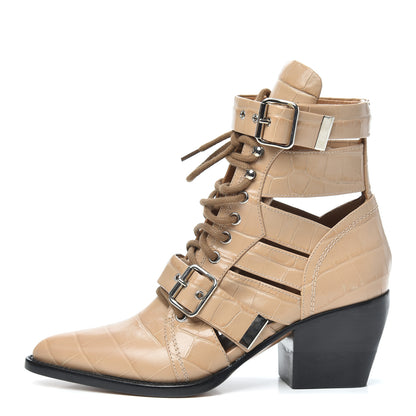 Chloe Calfskin Crocodile Embossed Rylee Boots 38 Nougat 1 of 7