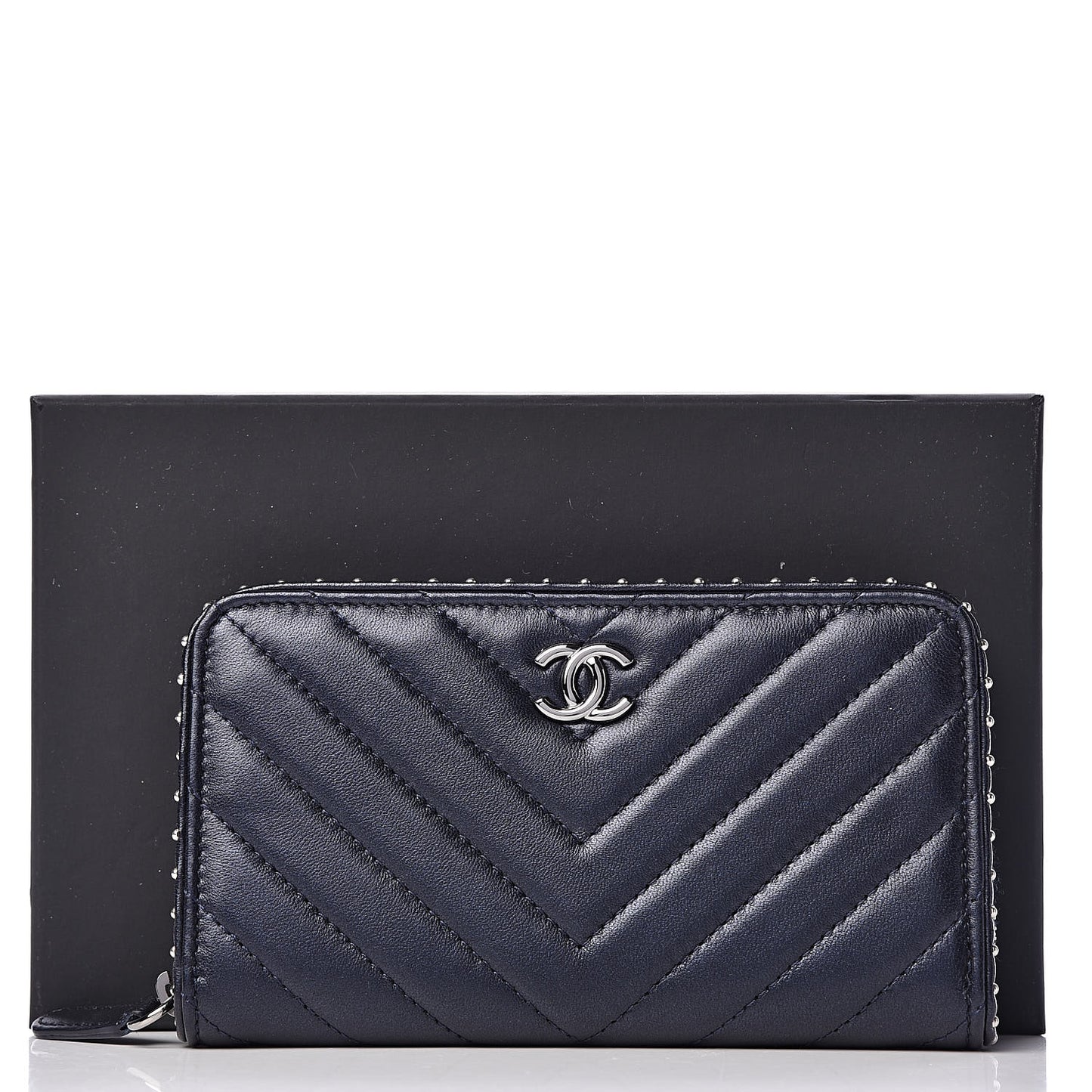 Lambskin Chevron Quilted Studded Zip Around Wallet Navy Blue