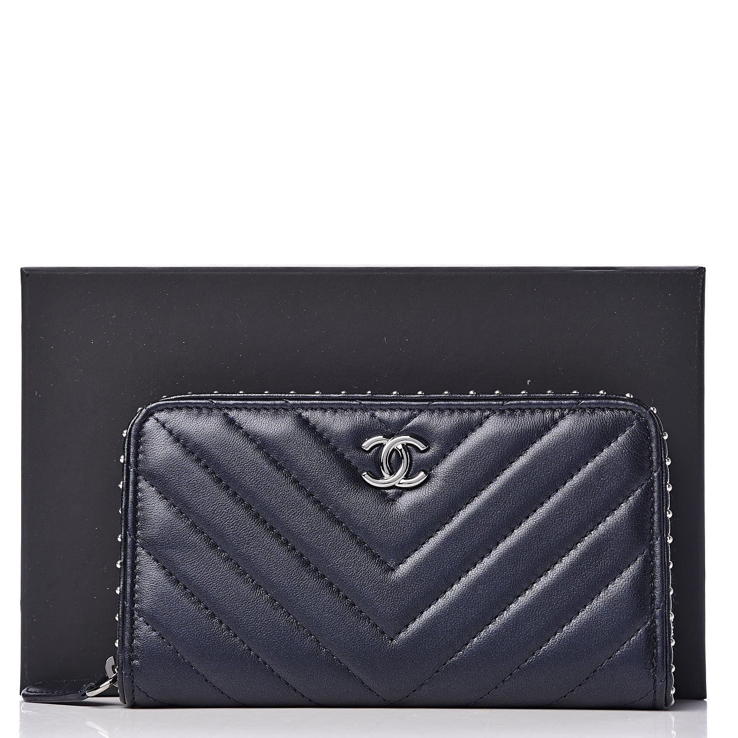 Chanel Lambskin Chevron Quilted Studded Zip Around Wallet Navy Blue 9 of 9