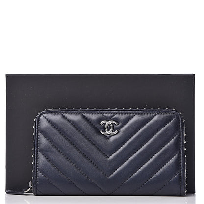 Chanel Lambskin Chevron Quilted Studded Zip Around Wallet Navy Blue 9 of 9