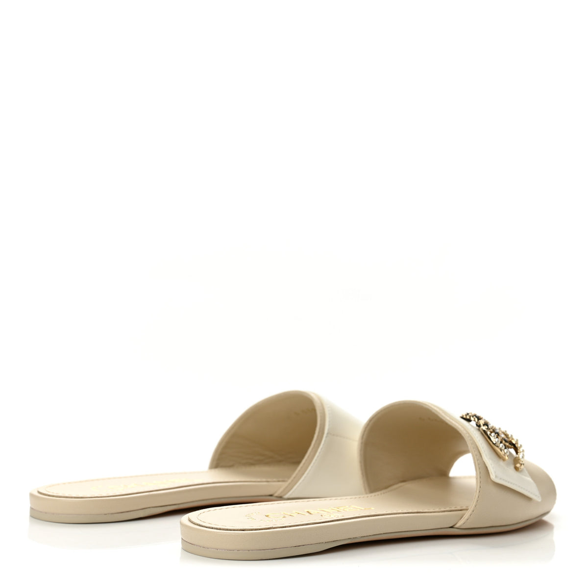Lambskin Pearl Crystal CC Mules Sandals 36 Light Beige White