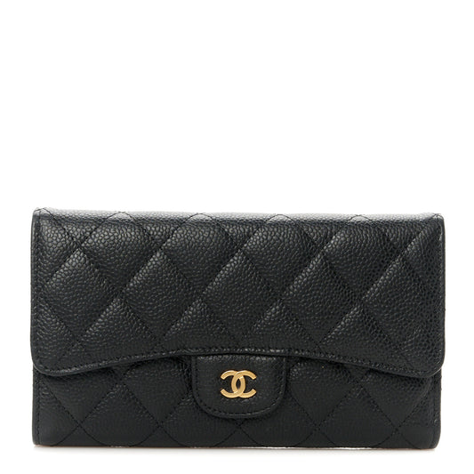 Caviar Quilted Long Flap Wallet Black