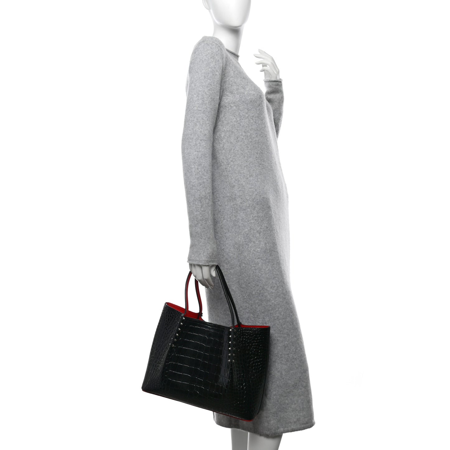 Crocodile Embossed Calfskin Spiked Small Cabarock Shopper Tote Black