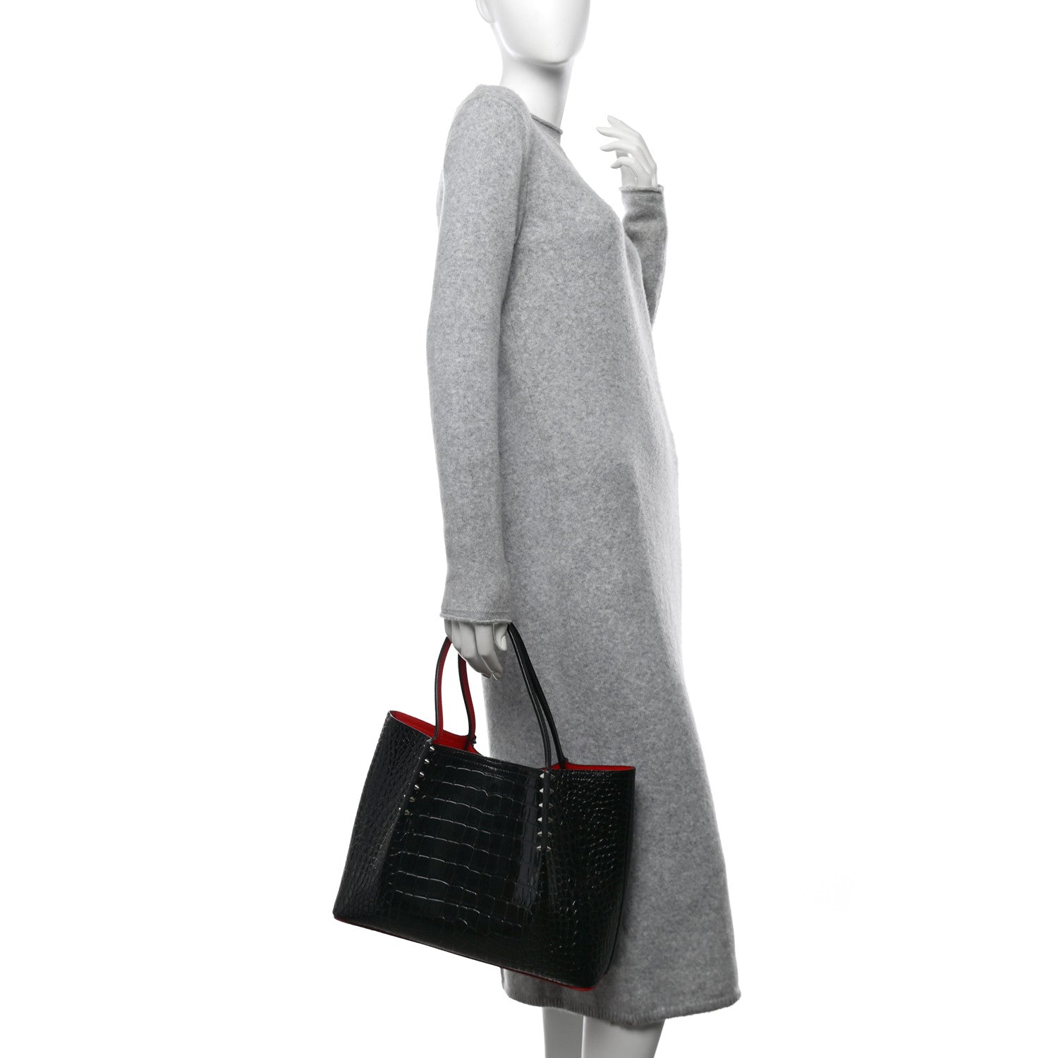 Christian Louboutin Crocodile Embossed Calfskin Spiked Small Cabarock Shopper Tote Black 2 of 11