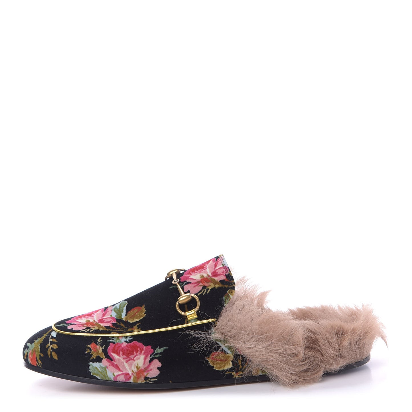 Velvet Fur Floral Womens Princetown Slippers 39.5 Black