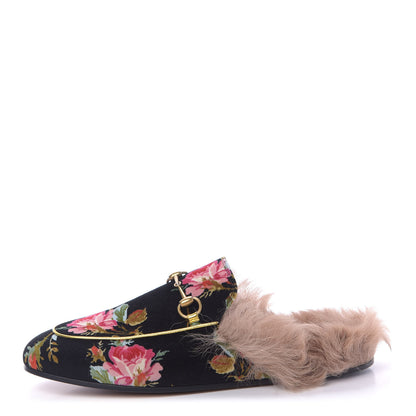 Gucci Velvet Fur Floral Womens Princetown Slippers 39.5 Black 1 of 9