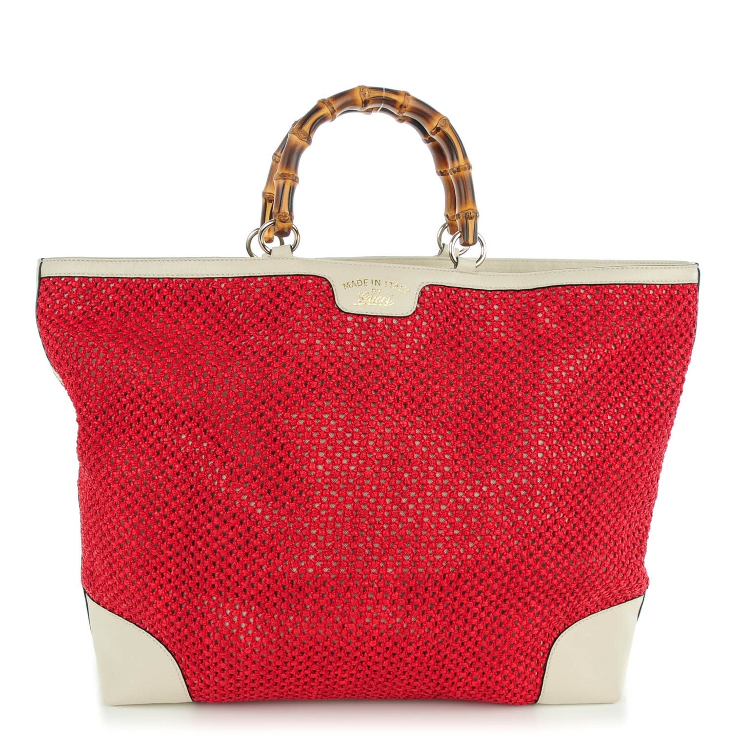 Straw Calfskin Bamboo Shopper Tote Raspberry