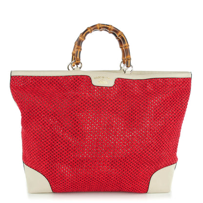 Gucci Straw Calfskin Bamboo Shopper Tote Raspberry 1 of 7