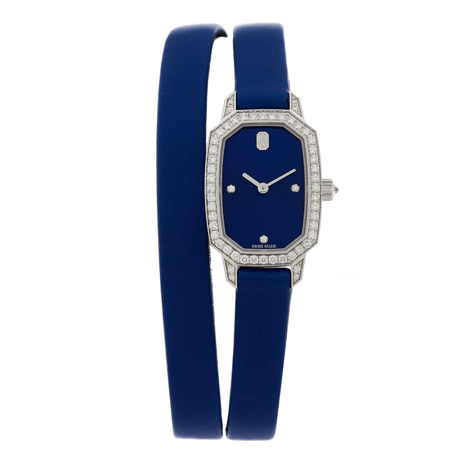 Harry Winston 18K White Gold Satin Diamond Bezel 17mm Emerald Quartz Watch Blue 1 of 4