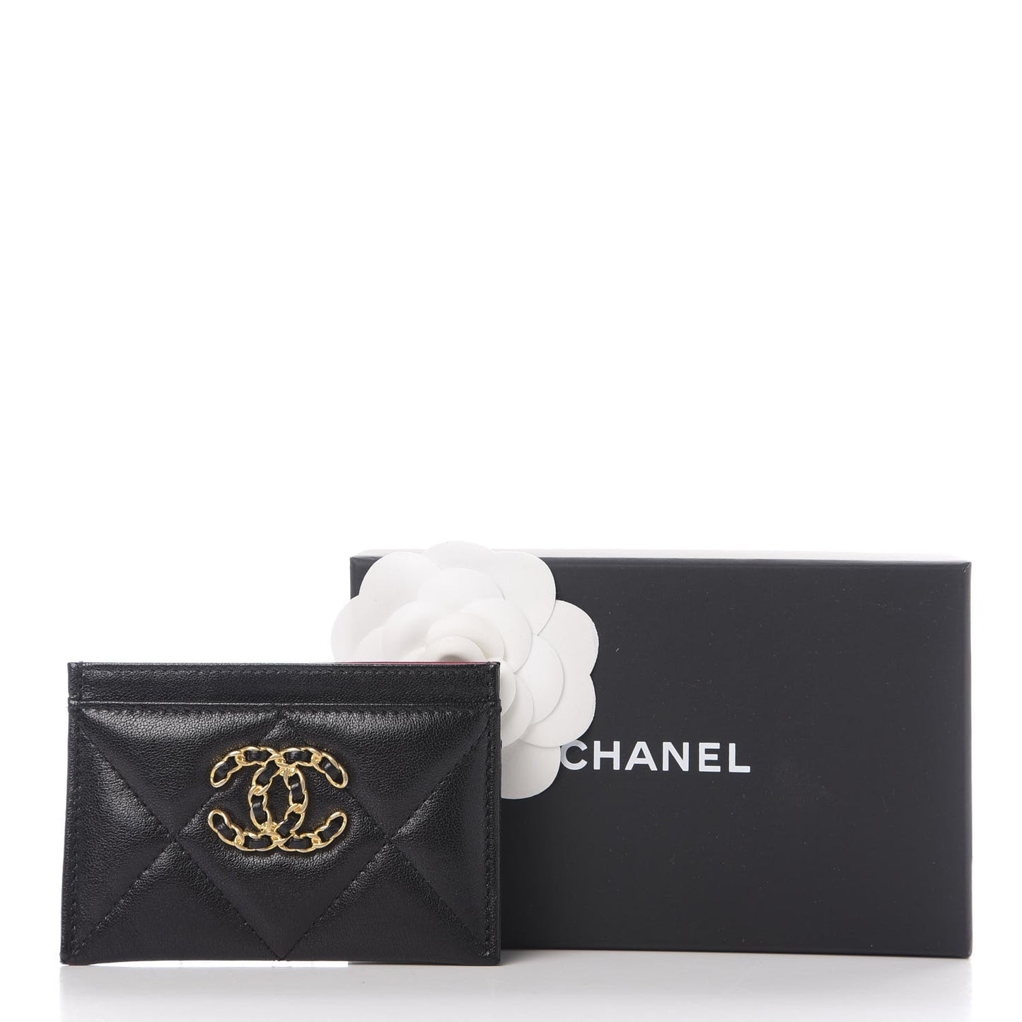 Shiny Goatskin Quilted Chanel 19 Card Holder Black