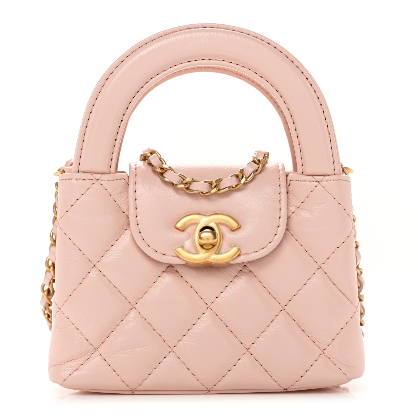 Shiny Aged Calfskin Quilted Mini Nano Kelly Shopper Light Pink