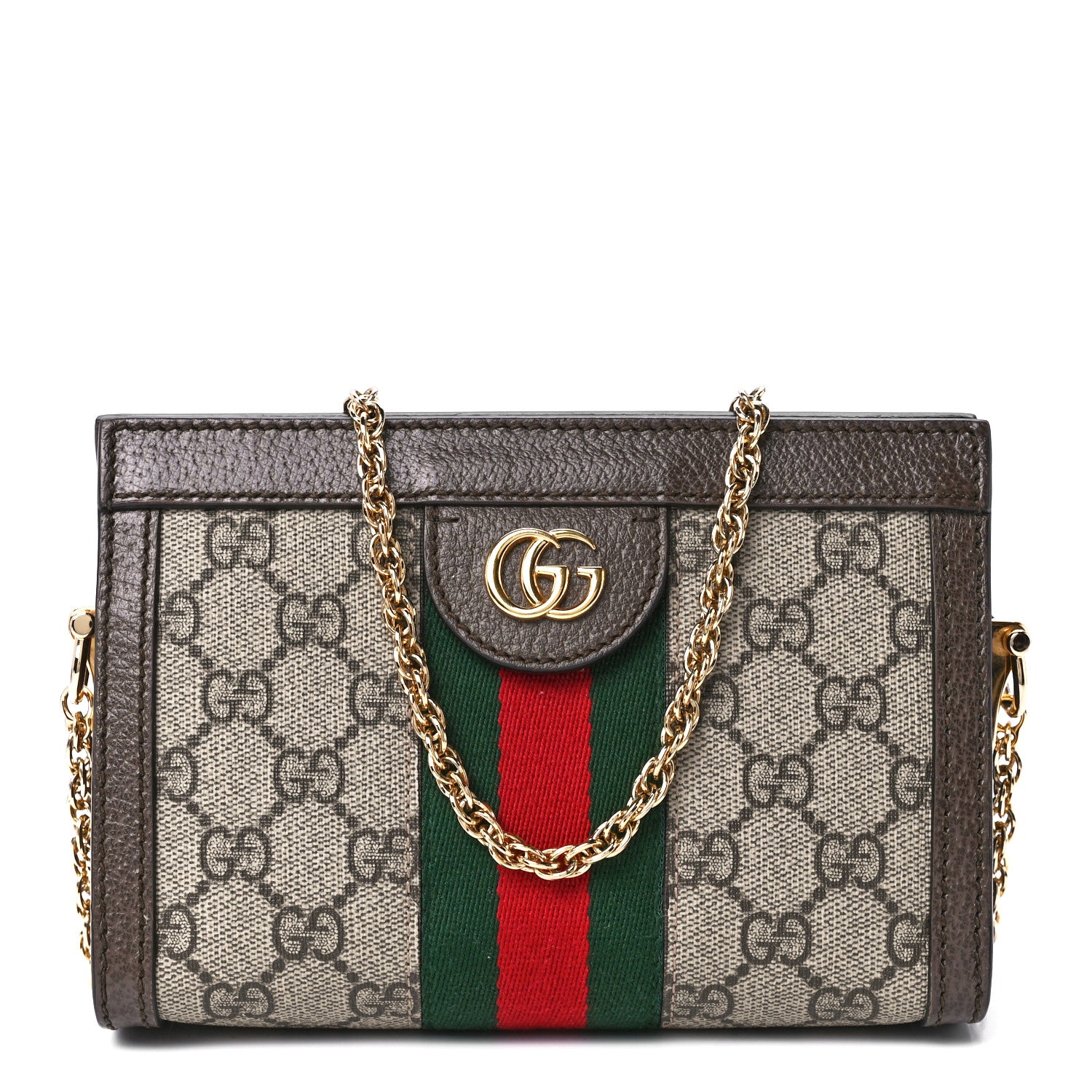 Gucci GG Supreme Monogram Textured Dollar Calfskin Web Mini Ophidia Chain Shoulder Bag Beige Ebony New Acero 1 of 12