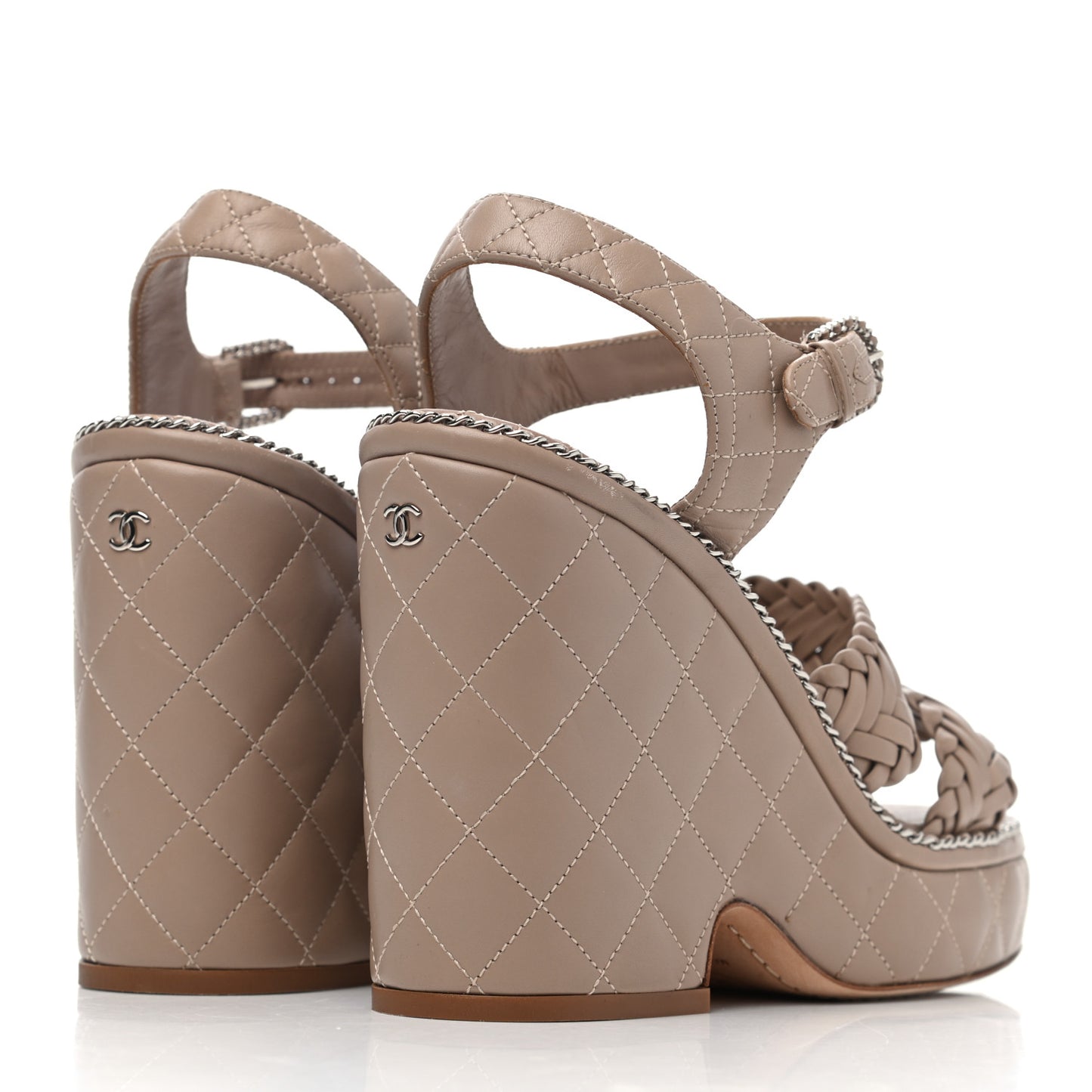 Calfskin Quilted Chain Around Wedge Sandals 38 Light Beige