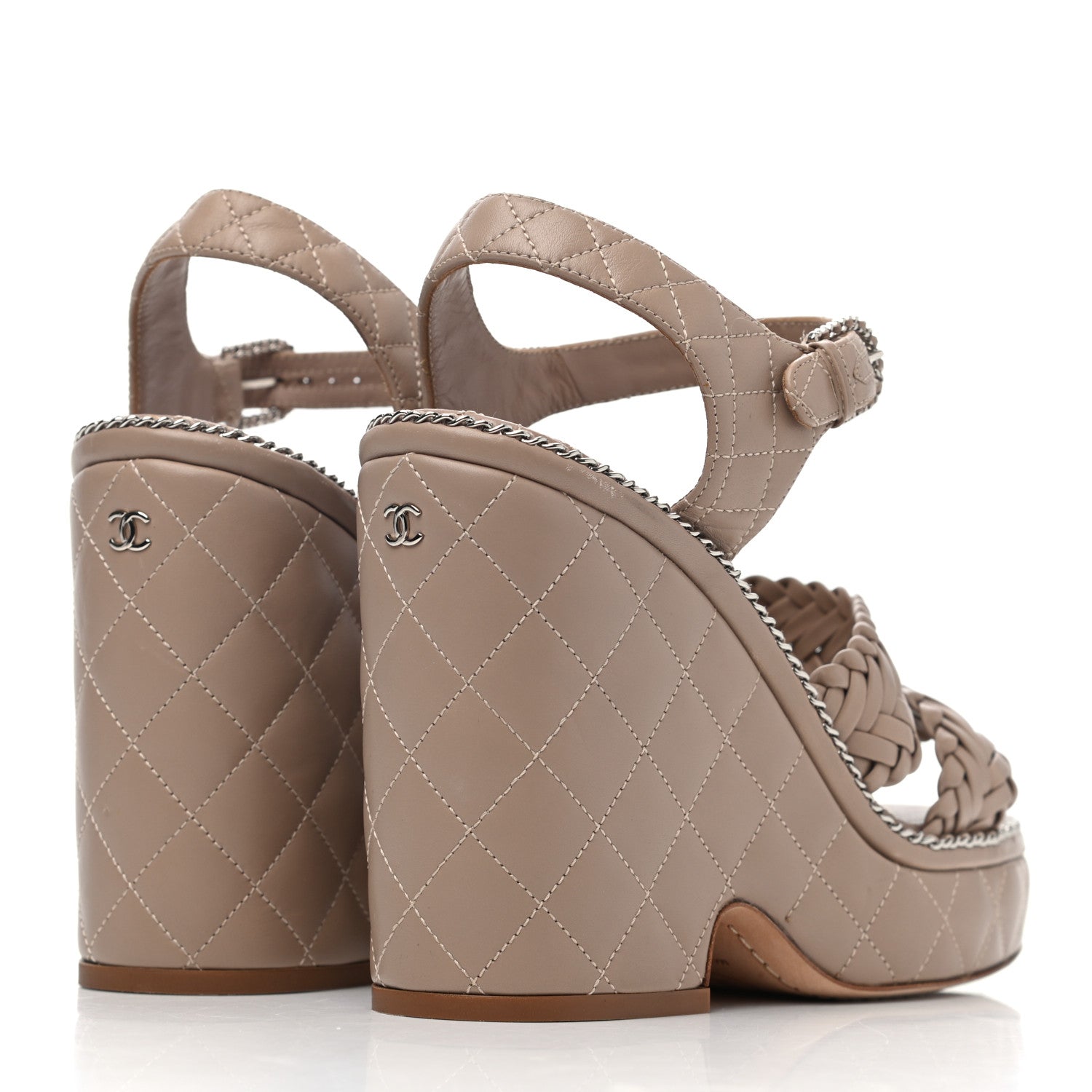 Chanel Calfskin Quilted Chain Around Wedge Sandals 38 Light Beige 3 of 4