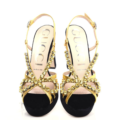 Gucci Velvet Nappa Crystal Zephyra Slingback Platform High Heel Sandals 37.5 Black Gold 5 of 10