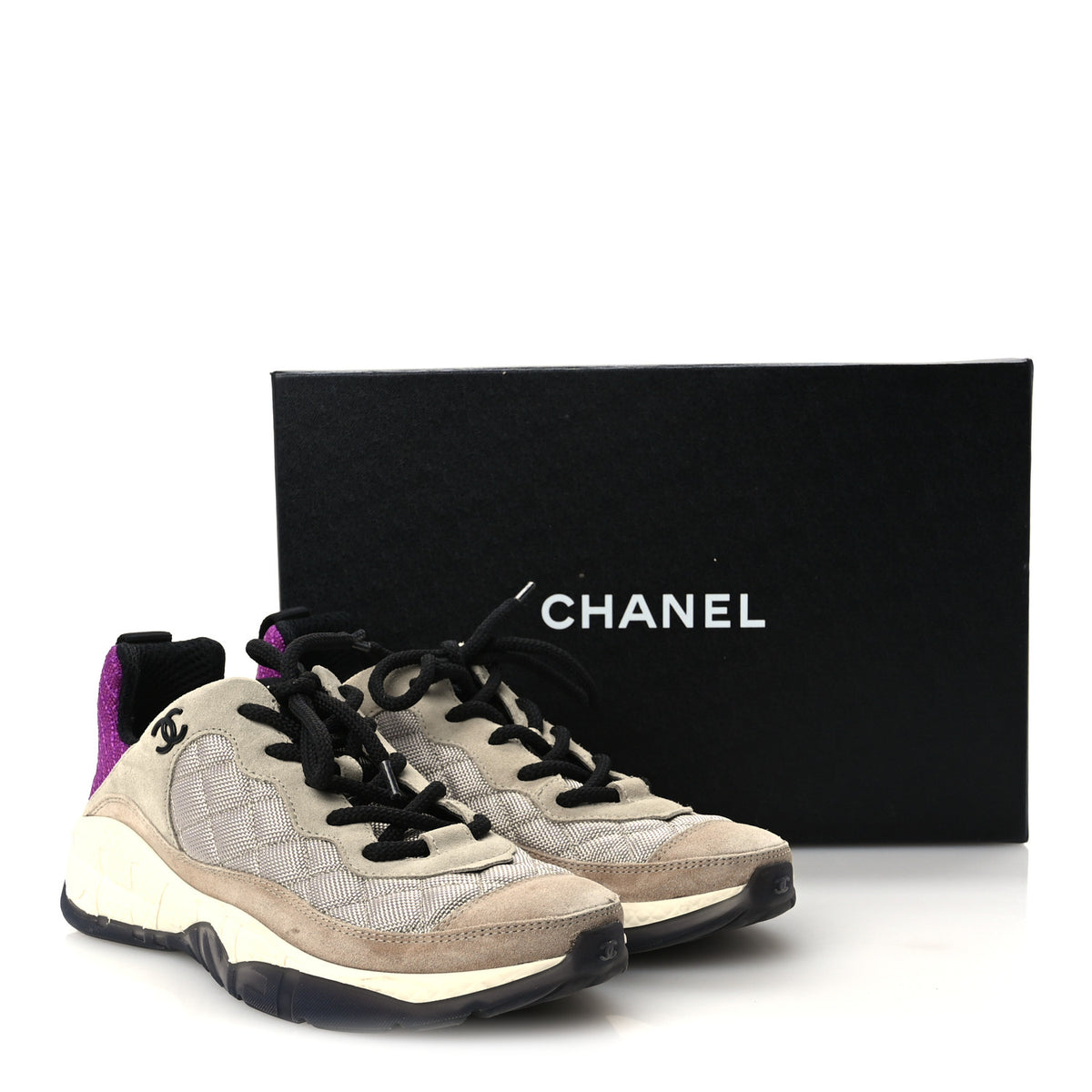 Chanel Mesh Suede Calfskin CC Sneakers 39.5 Light Beige Purple Beige 11 of 11