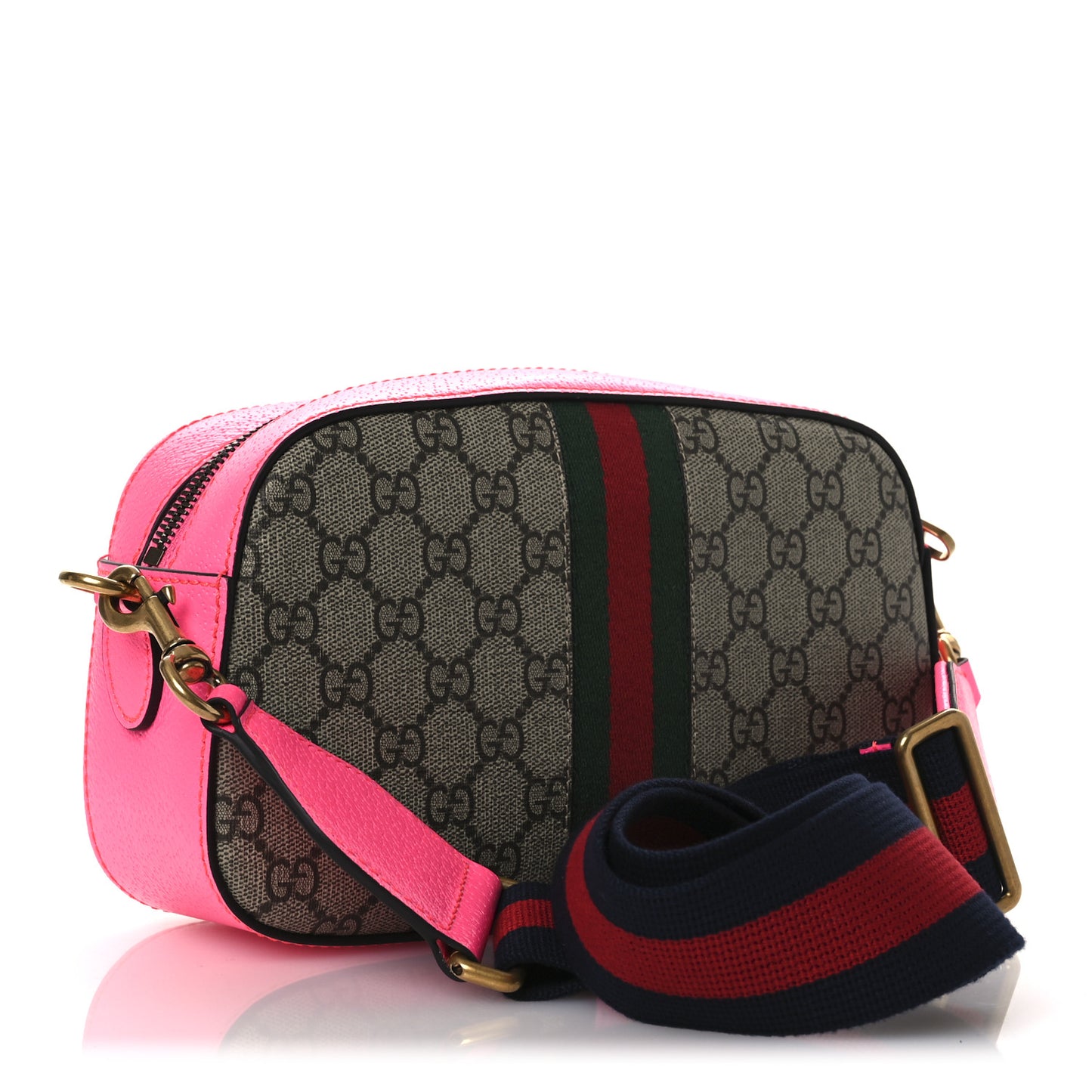 GG Supreme Monogram Textured Dollar Calfskin Web Ophidia Small Crossbody Bag Beige Ebony Fuchsia