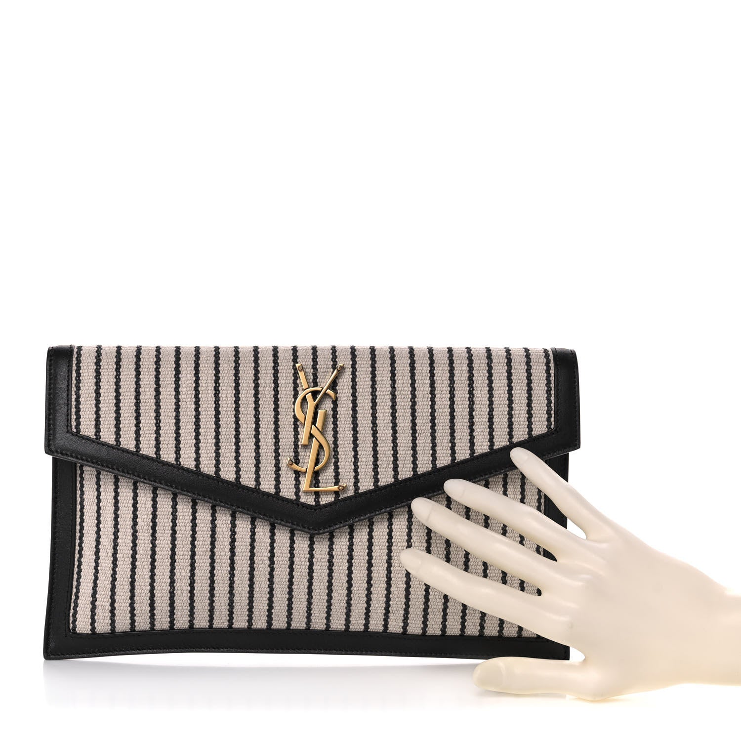 Saint Laurent Canvas Striped Uptown Pouch Beige Black 2 of 9