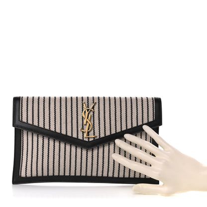 Saint Laurent Canvas Striped Uptown Pouch Beige Black 2 of 9