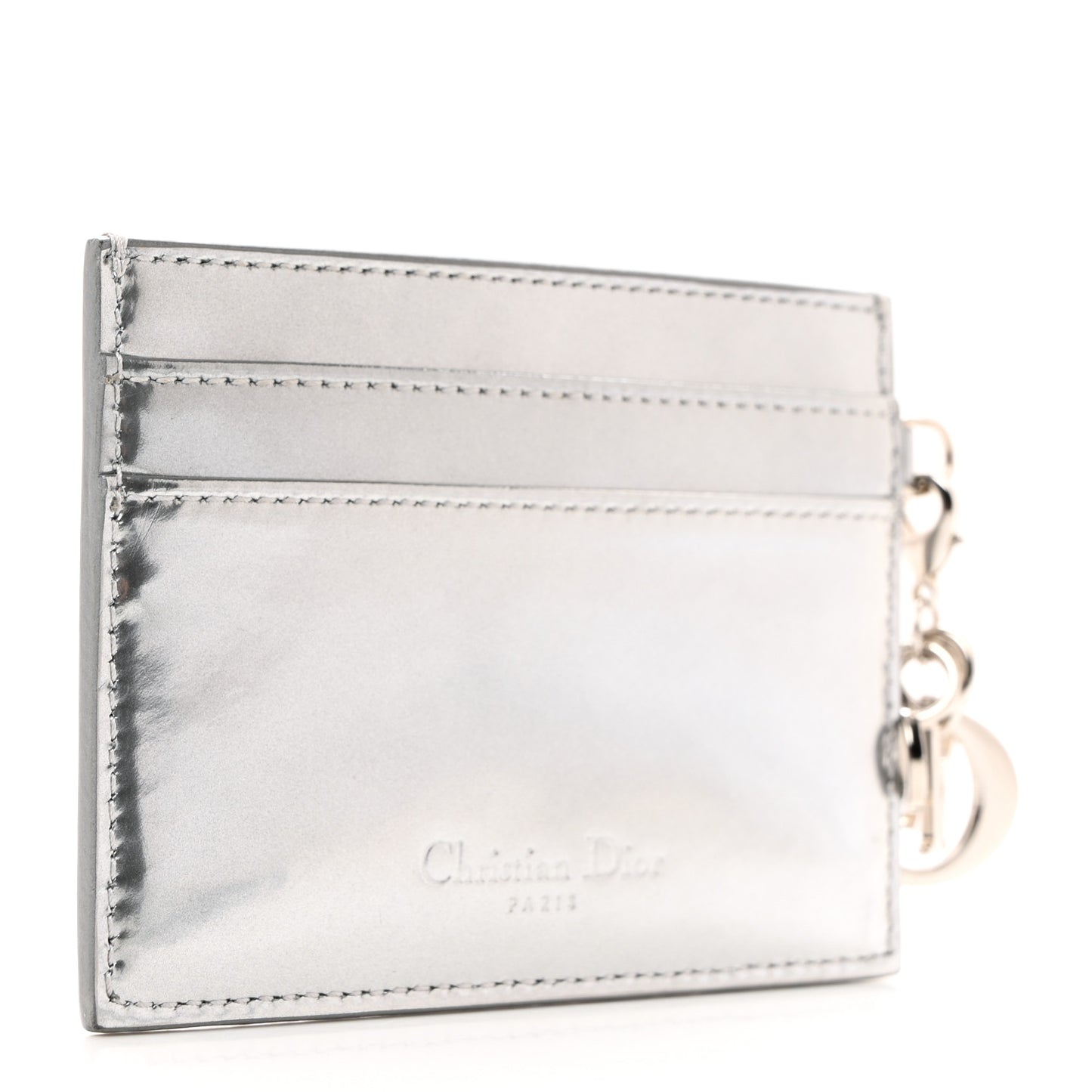 Metallic Patent Micro-Cannage Lady Dior Card Holder Silver