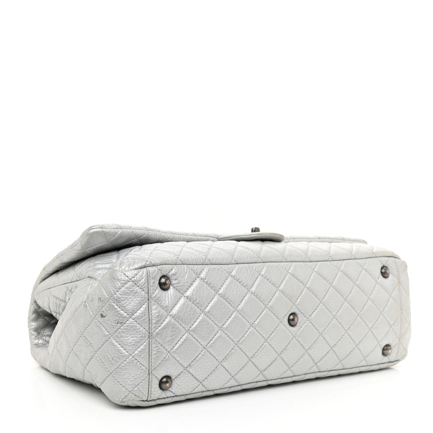 Metallic Calfskin Quilted XXL Travel Flap Bag Silver