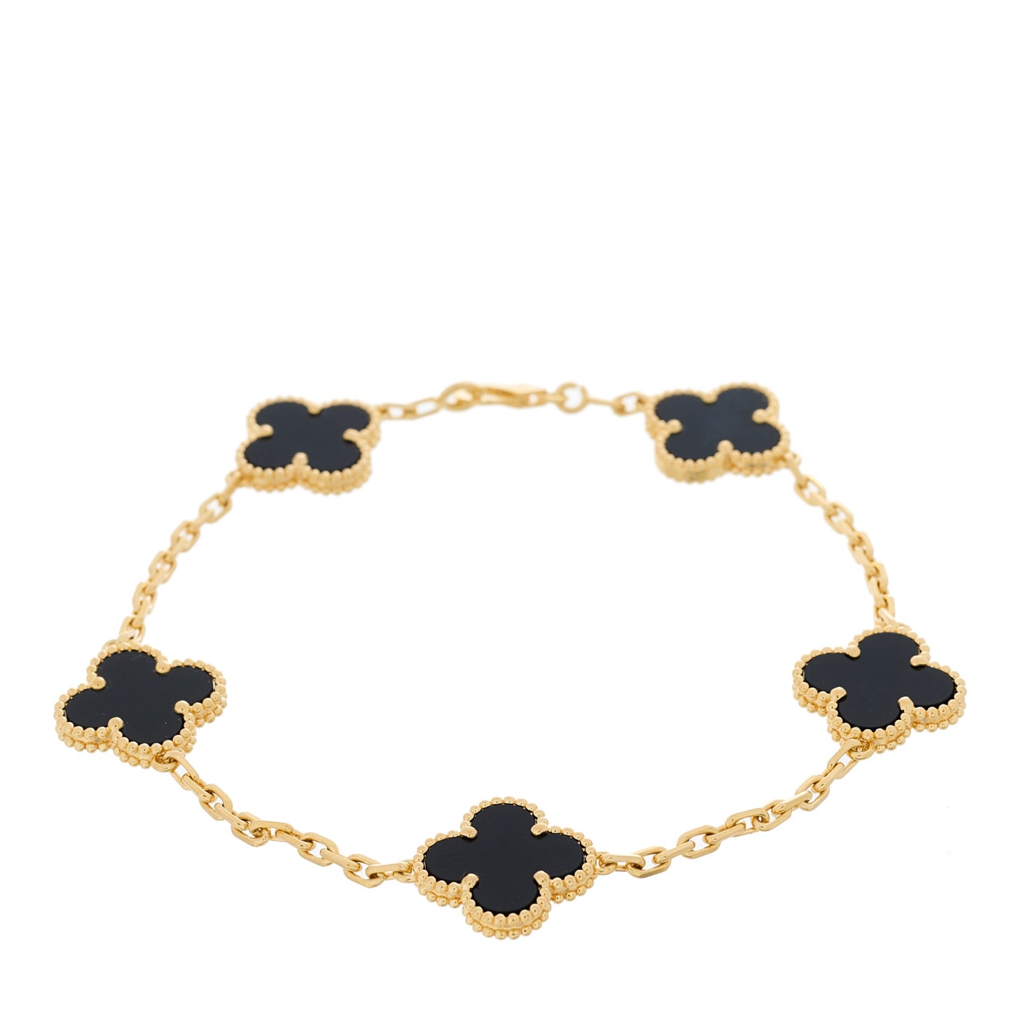 18K Yellow Gold Black Onyx 5 Motifs Vintage Alhambra Bracelet