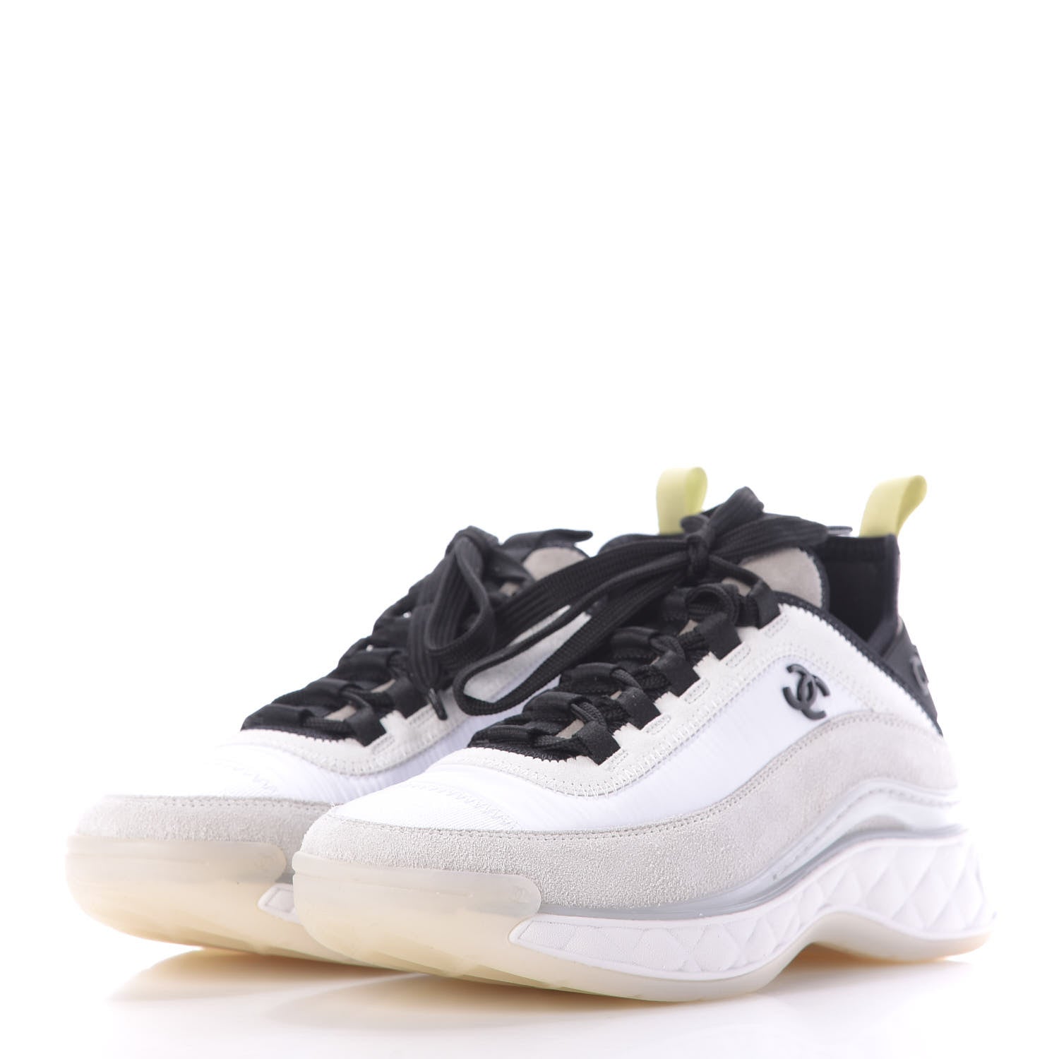 Chanel Nylon Calfskin Suede CC Sneakers 36.5 White Grey Yellow 3 of 11