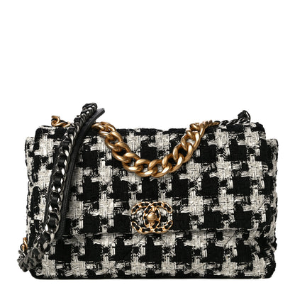 Chanel Tweed Quilted Large Chanel 19 Flap Black Ecru White 1 of 9