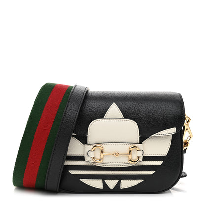 Gucci X ADIDAS Textured Dollar Calfskin Web Trefoil Mini Horsebit 1955 Shoulder Bag Black Off White 1 of 10