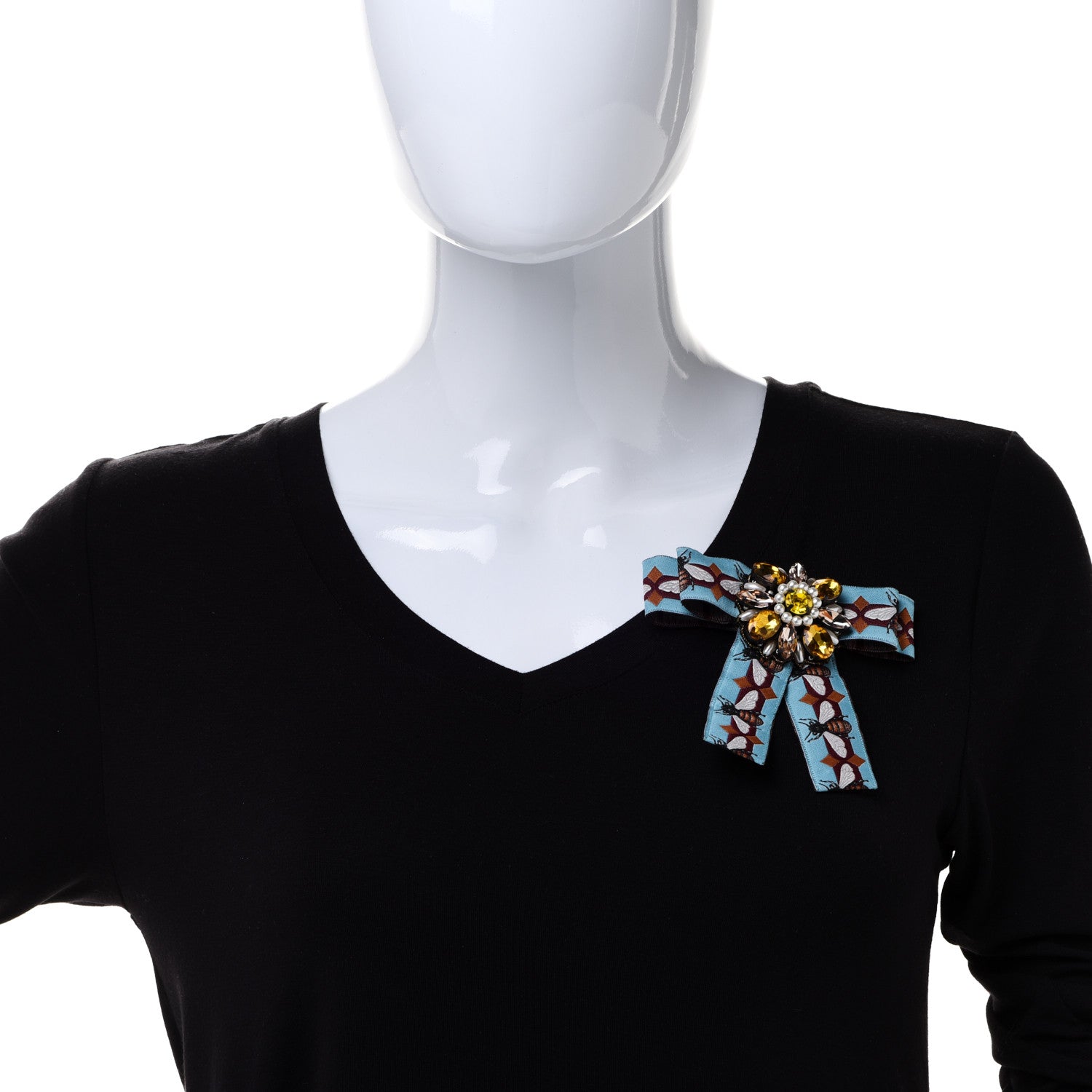 Gucci Jacquard Ribbon Metal Crystal Bee Bow Brooch Burgundy Blue 2 of 4