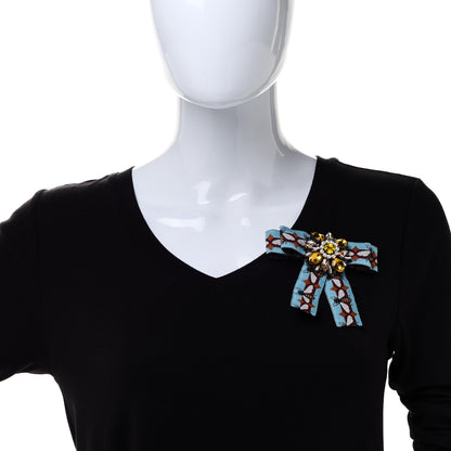 Gucci Jacquard Ribbon Metal Crystal Bee Bow Brooch Burgundy Blue 2 of 4