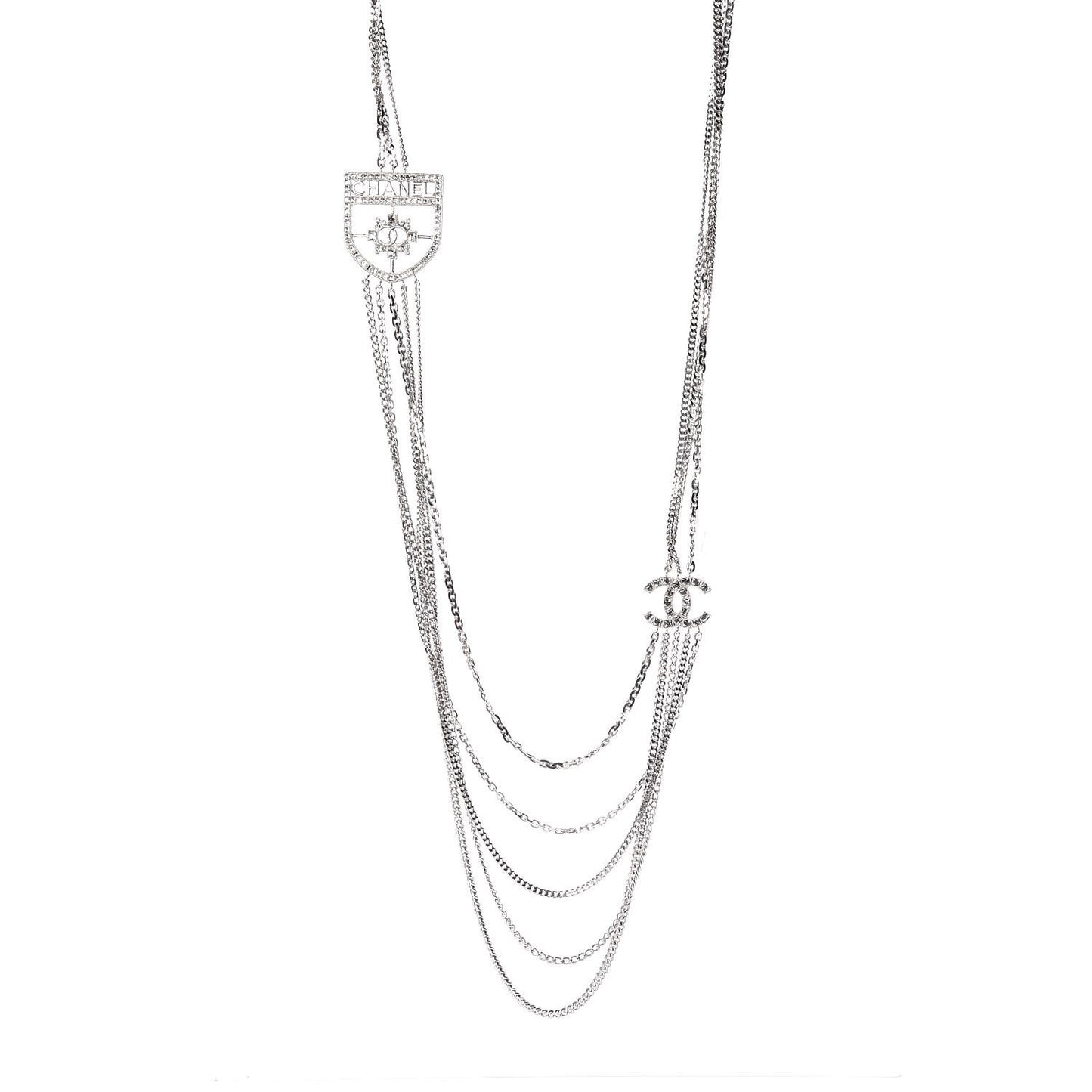 Baguette Crystal CC Shield Multi Strand Long Chain Necklace Silver