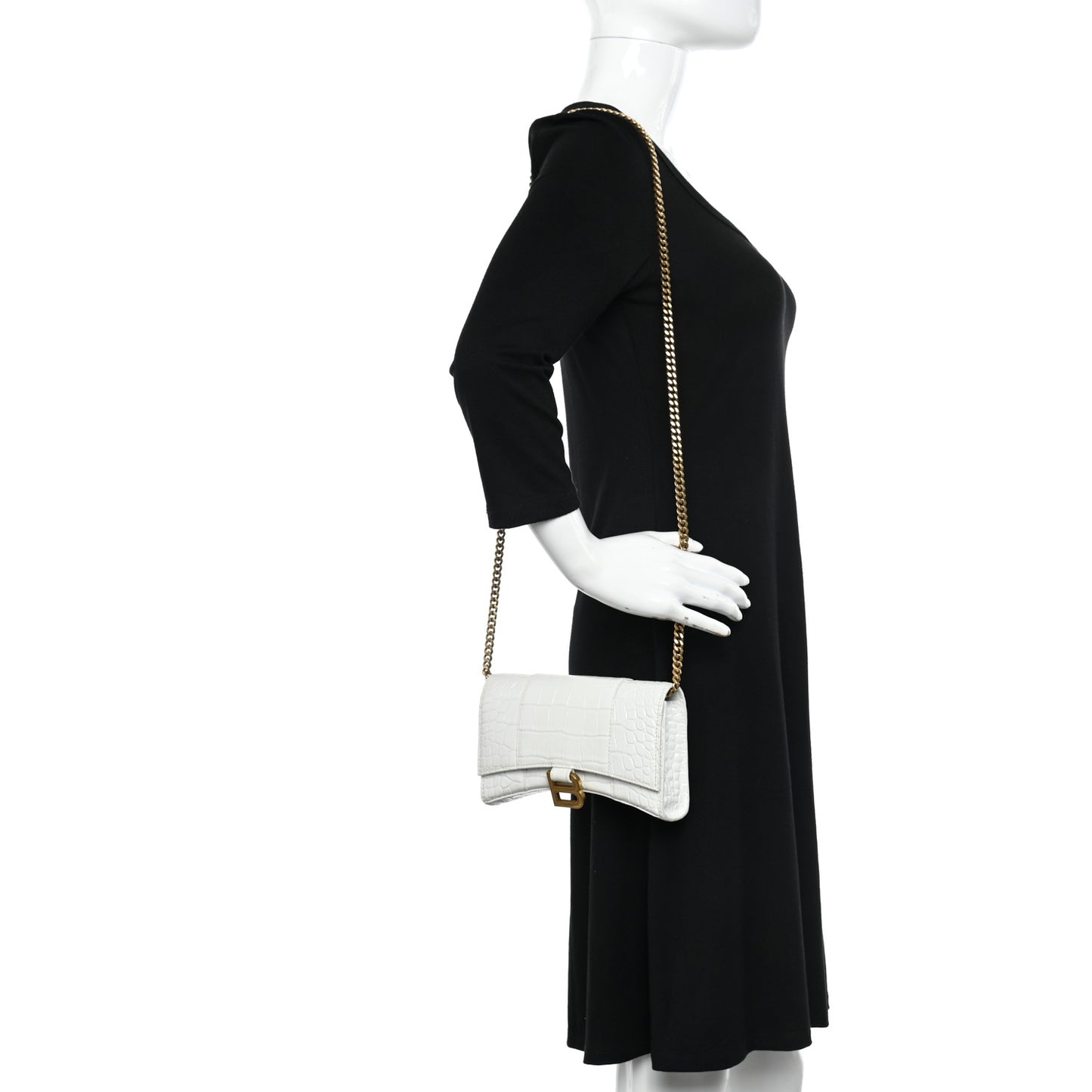 Shiny Calfskin Crocodile Embossed Hourglass Chain Bag White